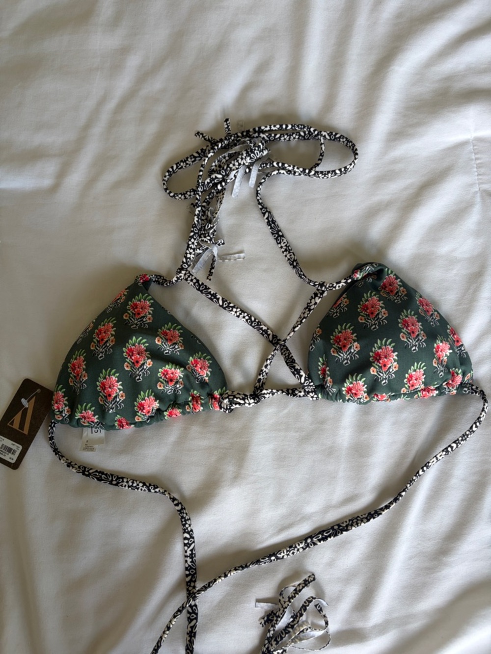 Cape Juby Green Floral Triangle Bikini Top with Pink Accents